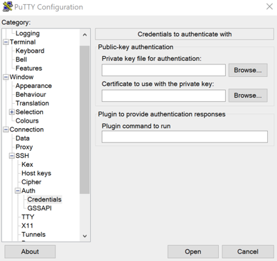 Pu TTY e l'opzione SSH Auth-Credentials nella finestra di dialogo di configurazione