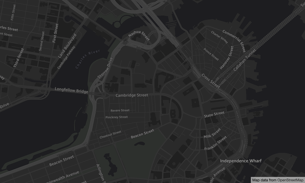 Dark-themed map showing streets and landmarks in Boston, including Longfellow Bridge and Charles River.