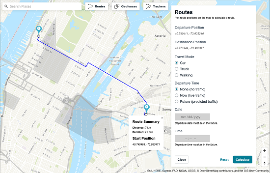 Map showing a route between two points in a city with options for travel mode and time.