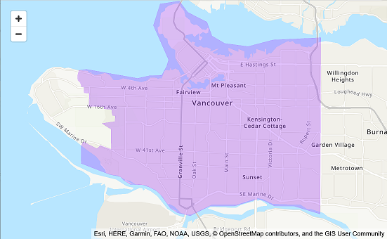 Map showing Vancouver neighborhoods including Fairview, Mt Pleasant, and Kensington-Cedar Cottage.