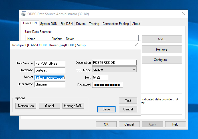 Configurazione della connessione ODBC Postgres in Enterprise Developer.
