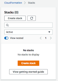 CloudFormation console showing the Stacks page with options to create a new stack.
