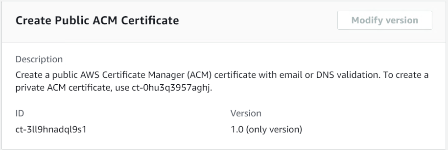 Crea una pagina di ACM certificato pubblico che mostra l'ID ct-3ll9hnadql9s1 e la versione 1.0.