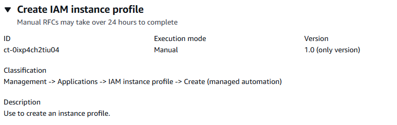 Modulo per creare un profilo di IAM istanza con ID, modalità di esecuzione, versione e descrizione.