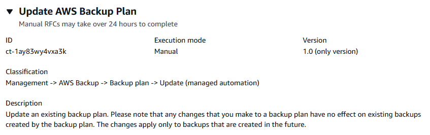 Tipo di modifica AWS Backup del piano di aggiornamento che mostra la modalità di esecuzione manuale e la versione 1.0.