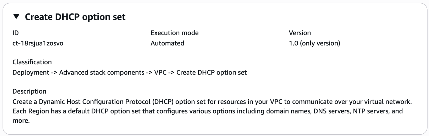 Crea un'interfaccia del set di opzioni DHCP che mostri l'ID, la modalità di esecuzione come automatizzata e la versione 1.0.