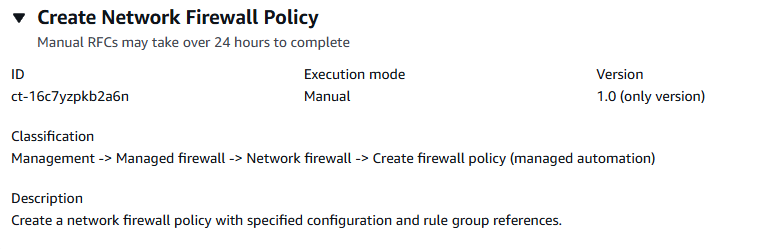 Crea il tipo di modifica Network Firewall della politica mostrando ID, modalità di esecuzione, versione e classificazione.