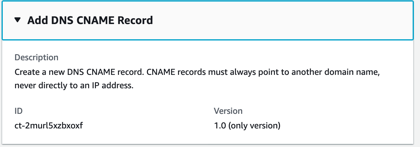 Aggiungi l'interfaccia DNS CNAME Record che mostra l'ID ct-2murl5xzbxoxf e la versione 1.0.