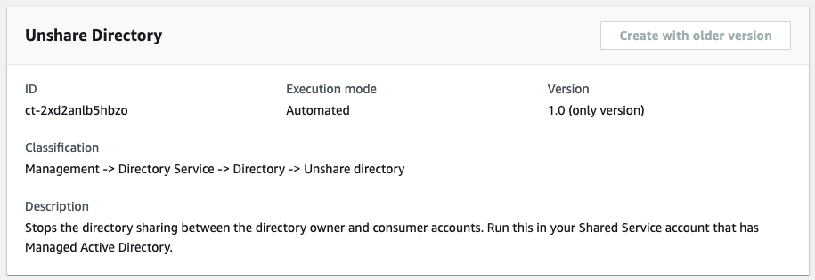 Dettagli sul tipo di modifica di Unshare Directory che mostrano ID, modalità di esecuzione, versione e classificazione.