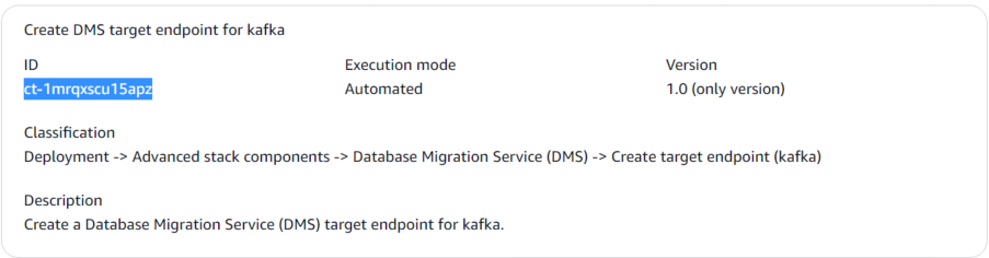 Console AMS Advanced, creazione sezione RFC, casella dei dettagli di modifica del tipo per ct-1mrqxscu15apz: crea un endpoint di destinazione per Amazon MSK. AWS Database Migration Service