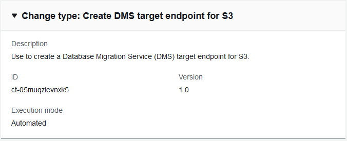 Modifica digita i dettagli che mostrano l'ID, la versione 1.0 e la modalità di esecuzione automatica per la creazione di un endpoint di destinazione DMS per S3.