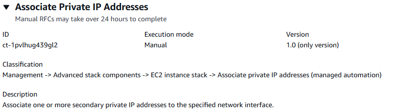 Interfaccia della console che mostra i dettagli per l'associazione di indirizzi IP privati a un'istanza EC2.