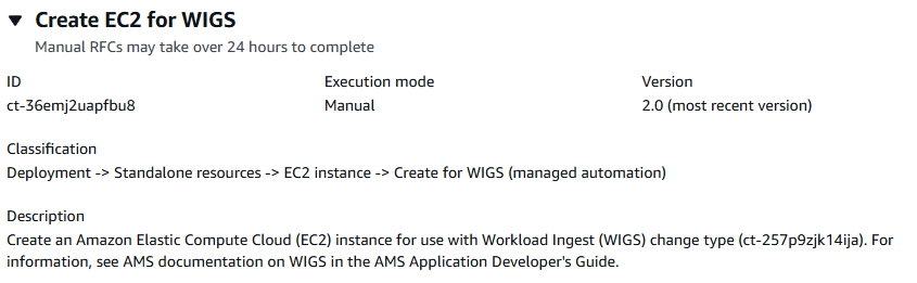 Crea i dettagli del tipo di modifica di EC2 for WIGS mostrando ID, modalità di esecuzione, versione e classificazione.