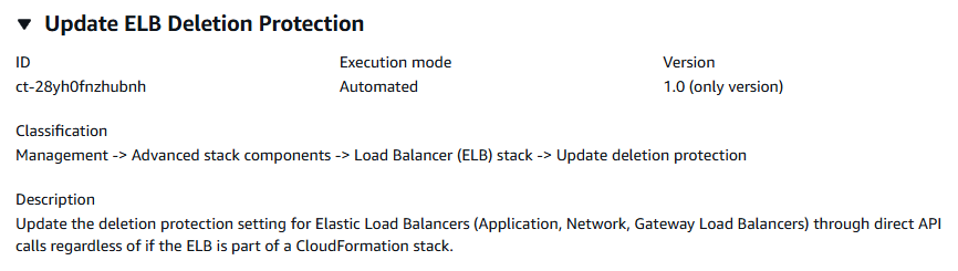 Aggiorna il tipo di modifica di ELB Deletion Protection mostrando ID, modalità di esecuzione, versione e dettagli di classificazione.