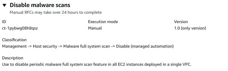 Dettagli di configurazione per disabilitare le scansioni di malware nelle istanze EC2 all'interno di un VPC.