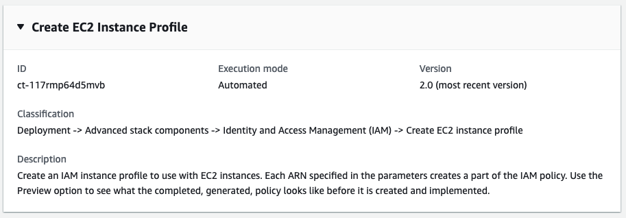 Crea un'interfaccia EC2 Instance Profile che mostra ID, modalità di esecuzione e dettagli di classificazione.