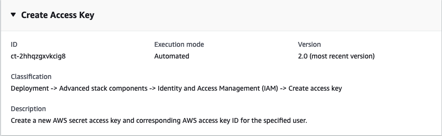Dettagli del runbook Create Access Key che mostrano ID, modalità di esecuzione, versione e classificazione.