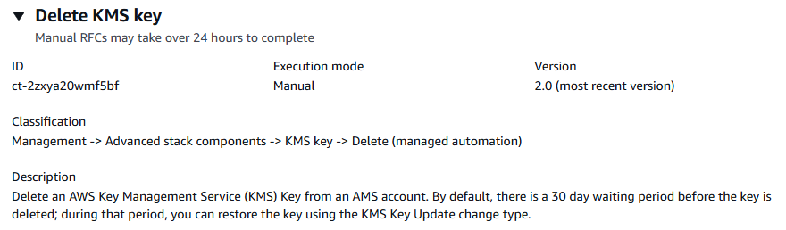 Elimina KMS key l'interfaccia che mostra i dettagli relativi all'ID, alla modalità di esecuzione, alla versione e alla descrizione.