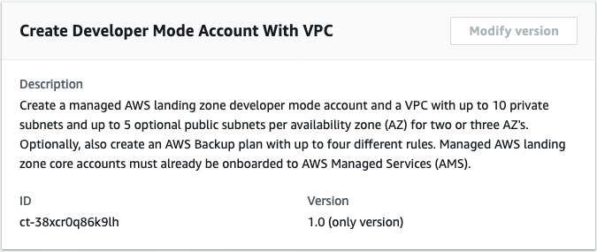 AWS interfaccia console che mostra i dettagli per la creazione di un account in modalità sviluppatore con VPC.