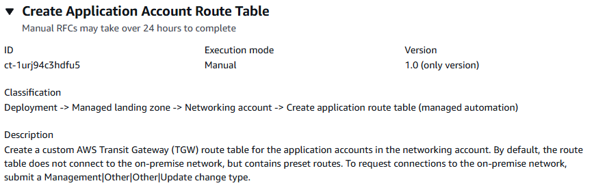 Crea i dettagli del tipo di modifica della Application Account Route Table che mostrano la modalità di esecuzione manuale.