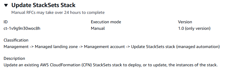 Interfaccia di aggiornamento StackSets Stack che mostra ID, modalità di esecuzione, versione e descrizione.