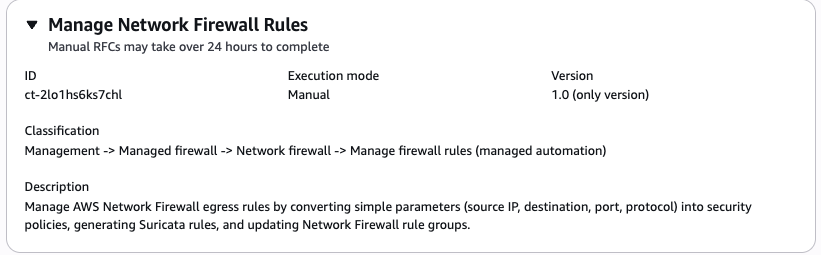 Manage Network Firewall Rules cambia tipo mostrando ID, modalità di esecuzione, versione e classificazione.