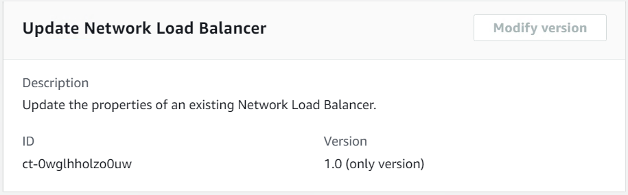 Network Load Balancer Pagina di aggiornamento che mostra l'ID ct-0wglhholzo0uw e la versione 1.0.