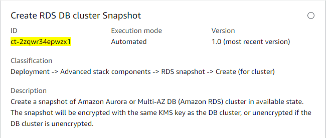 Crea l'interfaccia RDS DB cluster Snapshot che mostra l'ID, la modalità di esecuzione e la descrizione.