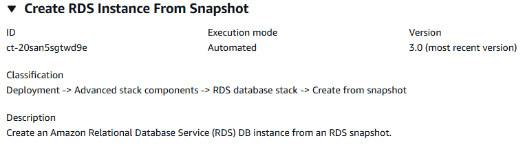 Interface for creating an Amazon RDS instance from a snapshot, showing description and version details.