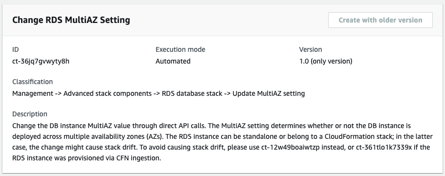 Modifica RDS MultiAZ Setting interface showing ID, execution mode, version, and description.