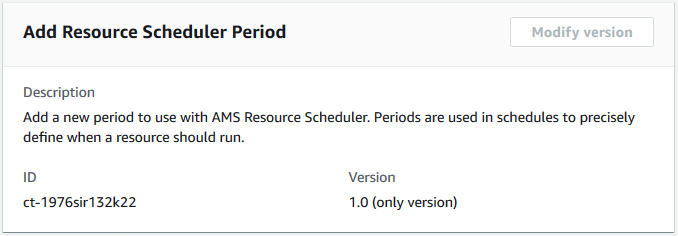 Aggiungi la pagina del periodo di Resource Scheduler che mostra la descrizione, l'ID ct-1976sir132k22 e la versione 1.0.