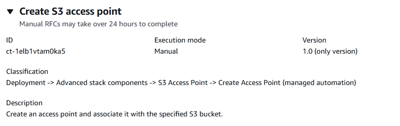 Modifica digita i dettagli per la creazione di un punto di accesso S3, inclusi ID, modalità di esecuzione e classificazione.