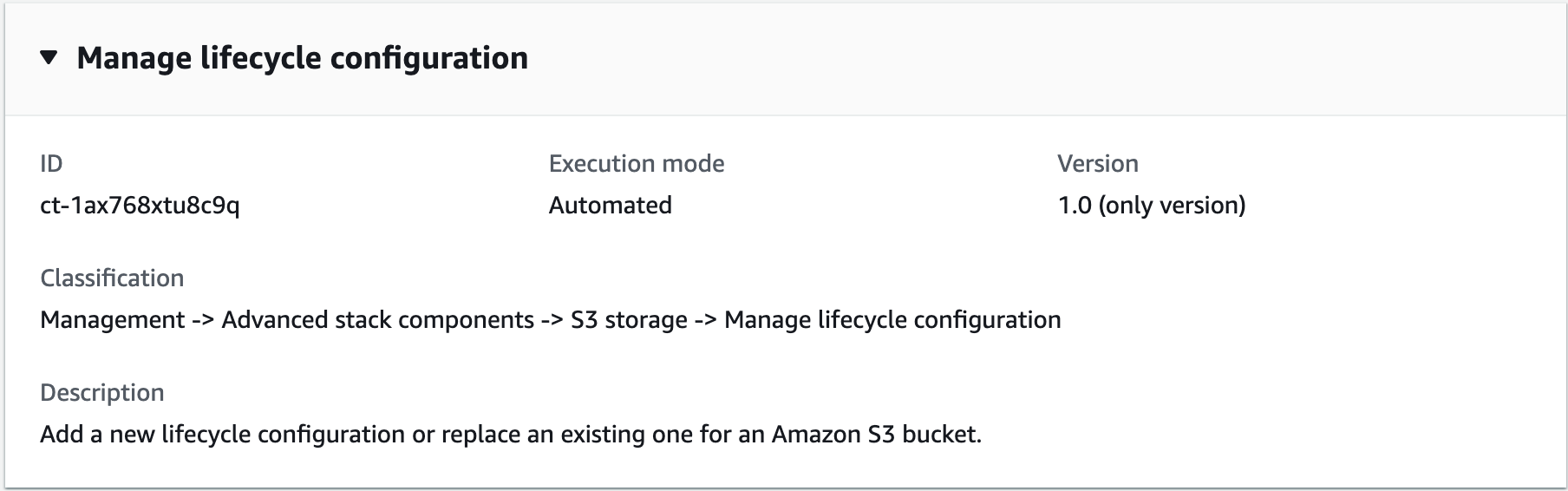 Gestisci i dettagli della configurazione del ciclo di vita mostrando ID, modalità di esecuzione come Automatizzata e versione 1.0.