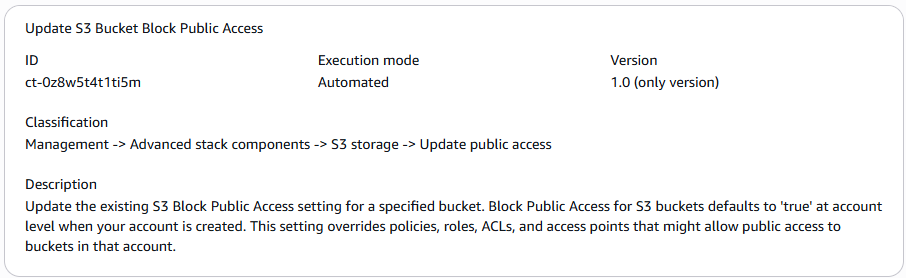 Aggiorna i dettagli del tipo di modifica di S3 Bucket Block Public Access, inclusi ID, modalità di esecuzione e classificazione.