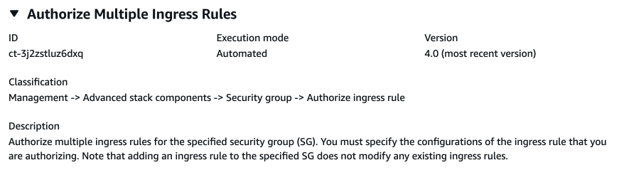 Autorizza il tipo di modifica di Multiple Ingress Rules mostrando ID, modalità di esecuzione, versione e percorso di classificazione.