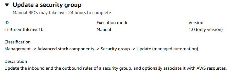 Interfaccia di aggiornamento del gruppo di sicurezza che mostra ID, modalità di esecuzione, versione e descrizione.