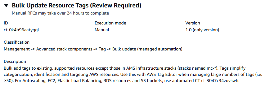 Interfaccia Bulk Update Resource Tags che mostra i dettagli relativi a ID, modalità di esecuzione, versione e descrizione.