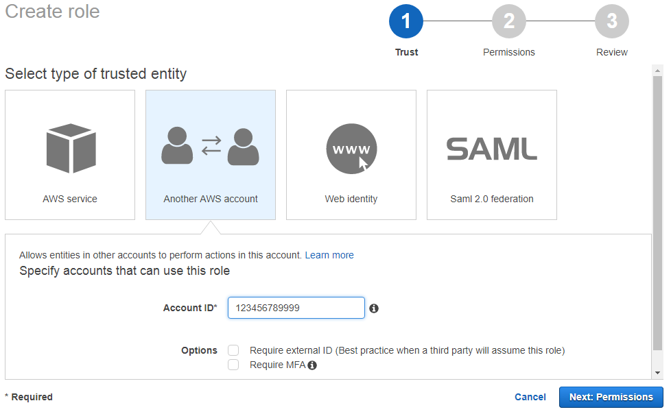Interface for creating a role, showing options to select trusted entity types for Account AWS.