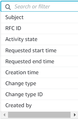 Menu di filtro che mostra opzioni come Oggetto, ID RFC, stato di attività e Ora di creazione.
