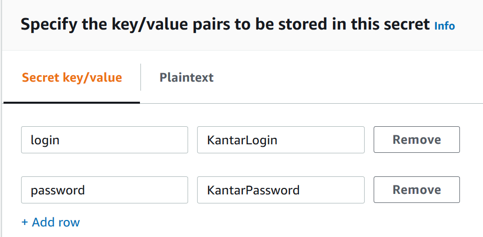 Questa schermata mostra due coppie chiave-valore. La chiave per la prima è «login» e il valore è il tuo nome di accesso Kantar. La chiave per il secondo è «password» e il valore è la tua password Kantar.