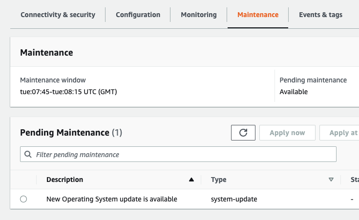 Un'immagine che mostra la sezione AWS Management Console Manutenzione e un aggiornamento del sistema operativo disponibile.