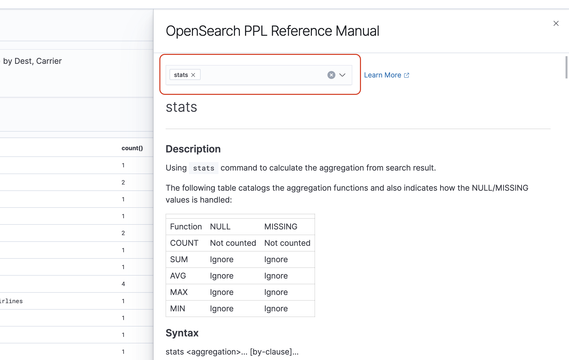 OpenSearch PPL Reference Manual showing stats command description and aggregation functions table.