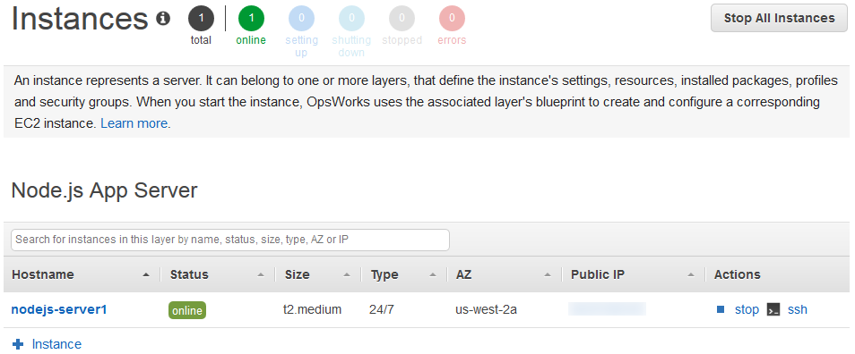 OpsWorks instance dashboard showing one online Node.js App Server instance.