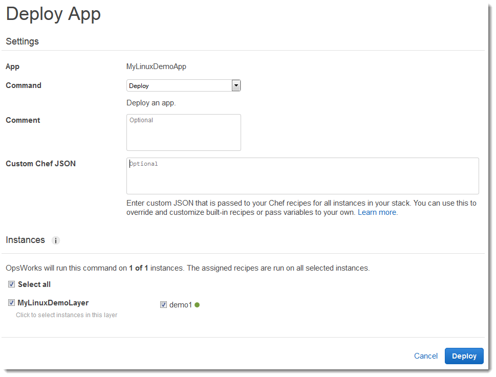 Deploy App interface with settings for MyLinuxDemoApp, including command and instance selection.