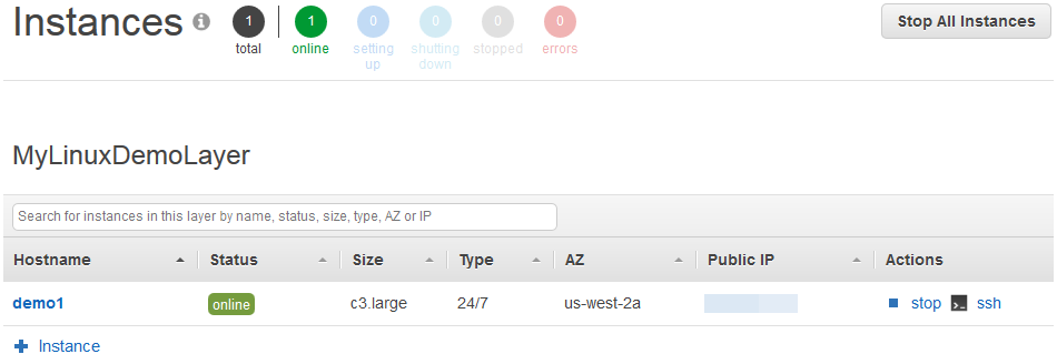 EC2 instance details showing one online c3.large instance in us-west-2a with stop and ssh options.