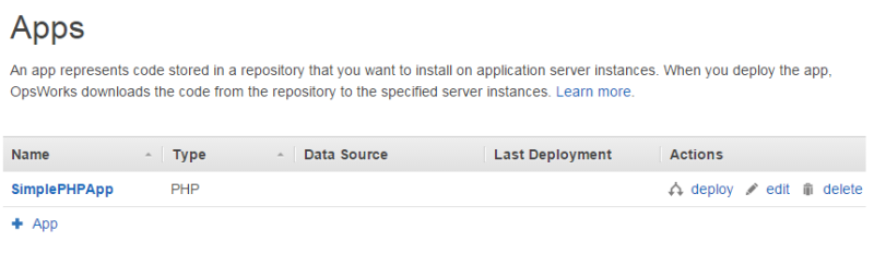 Apps table showing SimplePHPApp with deploy, edit, and delete options in the Actions column.