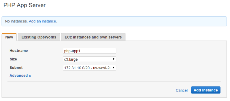 PHP App Server configuration interface showing hostname, size, and subnet options for a new instance.