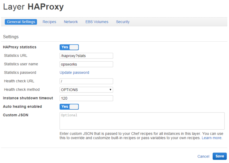 HAProxy layer settings interface with options for statistics, health checks, and auto healing.