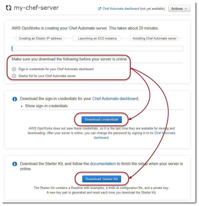 AWS OpsWorks for Chef Automate nuova pagina delle proprietà del server