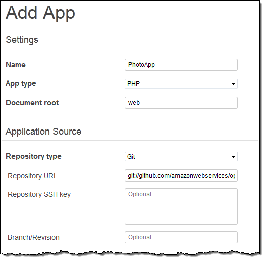 Form to add an app with fields for name, type, document root, and repository details.